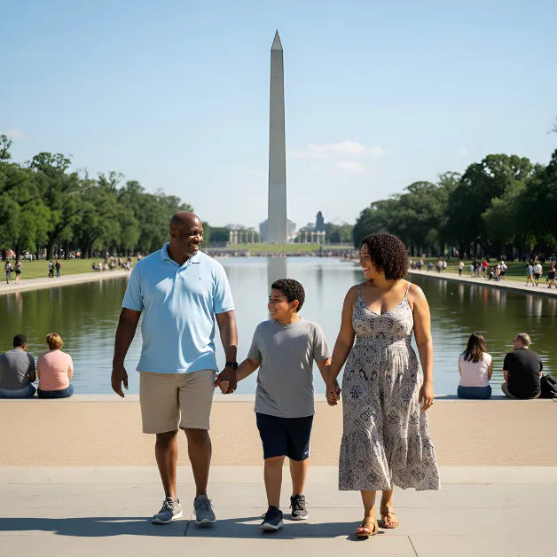Family of three walking together with the Washington Monument in the background