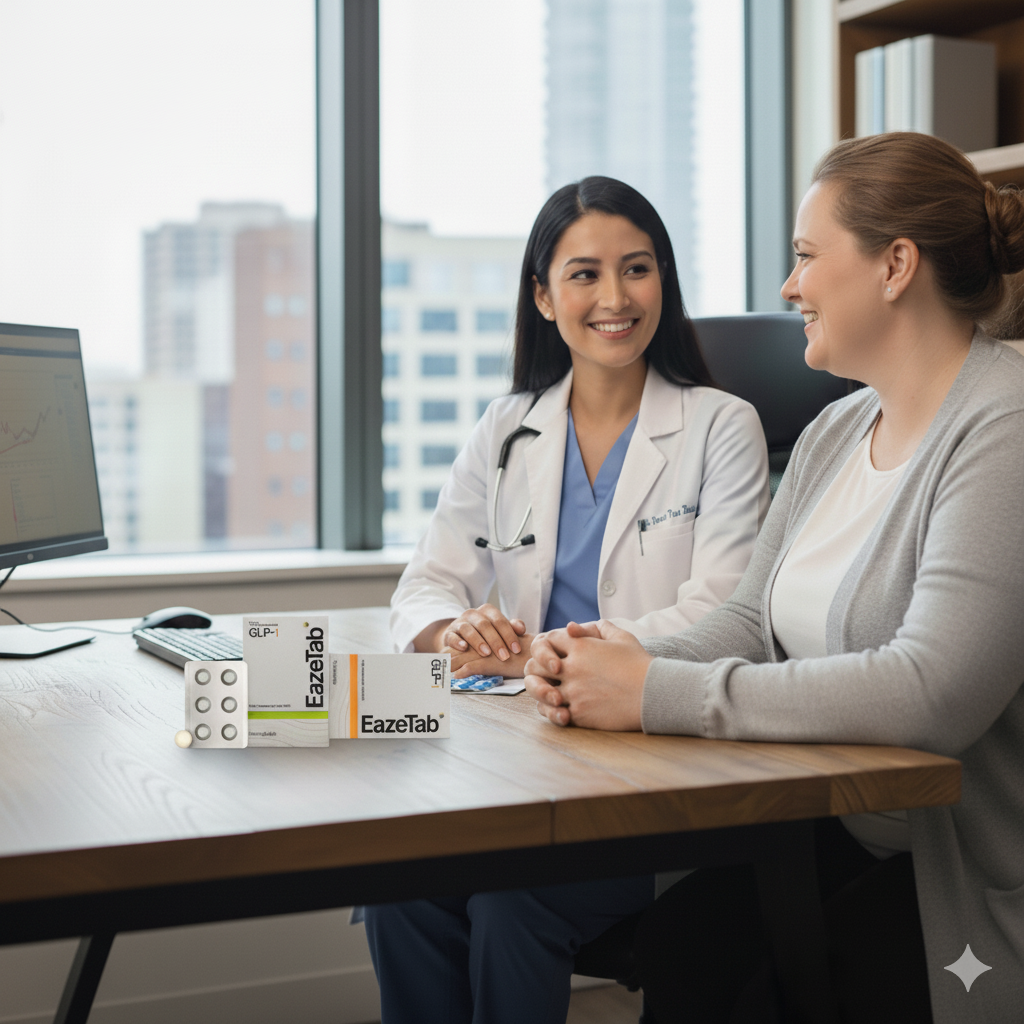 Doctor and patient discussing EazeTab at a desk with cityscape view