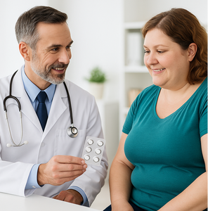 Doctor and patient discussing medication in a clinical setting