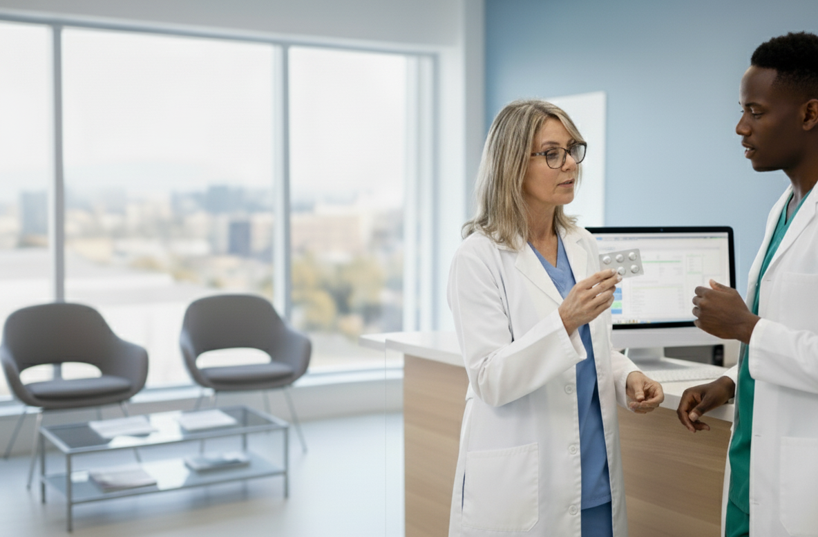 Two healthcare professionals in a modern office setting, one holding a pill pack