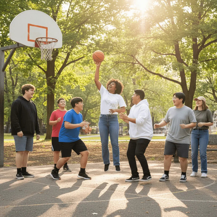 Group of people playing basketball on an outdoor court with trees in the background