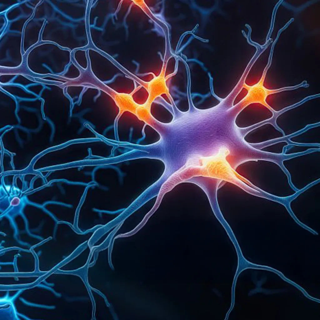 Neuron illustration with vibrant colors on a dark background